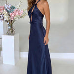 Navy Blue Satin Halter Neck Keyhole Midi Dress
