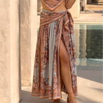 Vintage Print Wrap Tie Waist Maxi Skirt