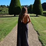 Black Satin One-Shoulder Open Back Maxi Dress