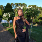 Black Satin One-Shoulder Open Back Maxi Dress