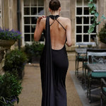 Black Satin One-Shoulder Open Back Maxi Dress