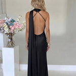 Black Satin One-Shoulder Open Back Maxi Dress