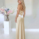 Beige Satin Contrast Trim Slim Maxi Dress