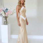 Beige Satin Contrast Trim Slim Maxi Dress