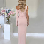 Nude Pink Ruched Stretchy Bodycon Slim Maxi Dress