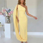 Yellow One Shoulder Draped Metal Buckle Maxi Dress