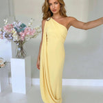 Yellow One Shoulder Draped Metal Buckle Maxi Dress