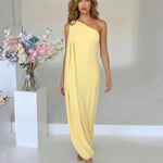 Yellow One Shoulder Draped Metal Buckle Maxi Dress