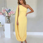 Yellow One Shoulder Draped Metal Buckle Maxi Dress