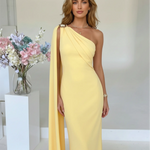 Yellow One Shoulder Draped Metal Buckle Maxi Dress