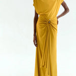 Mustard Ruched Ring Draped Jersey Slim Fit Maxi Dress