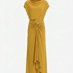 Mustard Ruched Ring Draped Jersey Slim Fit Maxi Dress