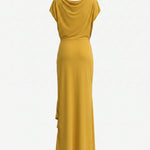 Mustard Ruched Ring Draped Jersey Slim Fit Maxi Dress