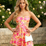 Pink Floral Print Cutout Spaghetti Strap Mini Dress