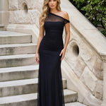 Black One Shoulder Mesh Maxi Dress