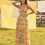 Retro Floral Print Spaghetti Strap Tiered Maxi Dress