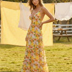 Retro Floral Print Spaghetti Strap Tiered Maxi Dress