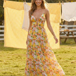 Retro Floral Print Spaghetti Strap Tiered Maxi Dress