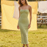 Green Textured Strapless Bodycon Midi Dress