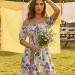 Blue Floral Print Off-Shoulder Smocked Waist Mini Dress