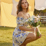 Blue Floral Print Off-Shoulder Smocked Waist Mini Dress