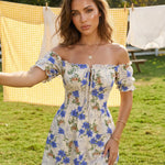 Blue Floral Print Off-Shoulder Smocked Waist Mini Dress