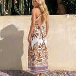 White Brown Tropical Print Halter Neck Midi Dress
