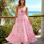 Pink Floral Halter Neck Tiered Ruffle Maxi Dress