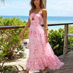 Pink Floral Halter Neck Tiered Ruffle Maxi Dress
