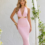 Pink Textured Halter Neck Cutout Maxi Dress