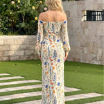 Beige Floral Print Off-Shoulder Long Sleeve Midi Dress