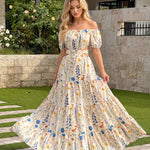 Cream White Floral Print Cut Out Tiered Slim Fit Maxi Beach Dress