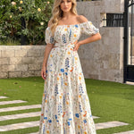 Cream White Floral Print Cut Out Tiered Slim Fit Maxi Beach Dress