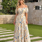 Cream White Floral Print Cut Out Tiered Slim Fit Maxi Beach Dress