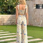 Floral Print Tie Strap Bustier Crop Top and Wide Leg Pants Two Piece Set