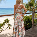 Ocean Print Crisscross Back Crop Top & Tiered Maxi Skirt Two-Piece Set