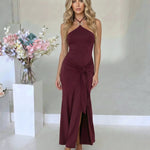 Burgundy Halter Neck Knotted Midi Dress