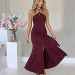 Burgundy Halter Neck Knotted Midi Dress