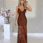 Brown Satin Bustier Sheer Floral Lace Maxi Dress