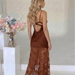 Brown Satin Bustier Sheer Floral Lace Maxi Dress