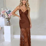 Brown Satin Bustier Sheer Floral Lace Maxi Dress