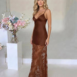 Brown Satin Bustier Sheer Floral Lace Maxi Dress