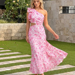 Pink Floral Print One Shoulder Ruffle Cutout Midi Dress