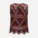 Brown Multicolor Paisley Embroidery Eyelet Sleeveless Blouse