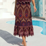 Brown Multicolor Paisley Embroidery Eyelet Ruffle Midi Skirt
