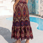 Brown Multicolor Paisley Embroidery Eyelet Ruffle Midi Skirt