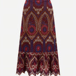 Brown Multicolor Paisley Embroidery Eyelet Ruffle Midi Skirt