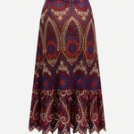 Brown Multicolor Paisley Embroidery Eyelet Ruffle Midi Skirt