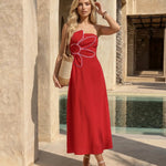 Red Floral Applique Bodice Slim Fit Midi Dress