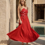 Red Floral Applique Bodice Slim Fit Midi Dress